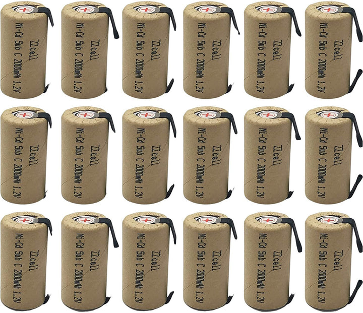 18x ZZcell Sub C Batteries with Tabs Rechargeable for Power Tools 10C Discharge Rate Nicd 1.2V 2000mAh Pack of 18